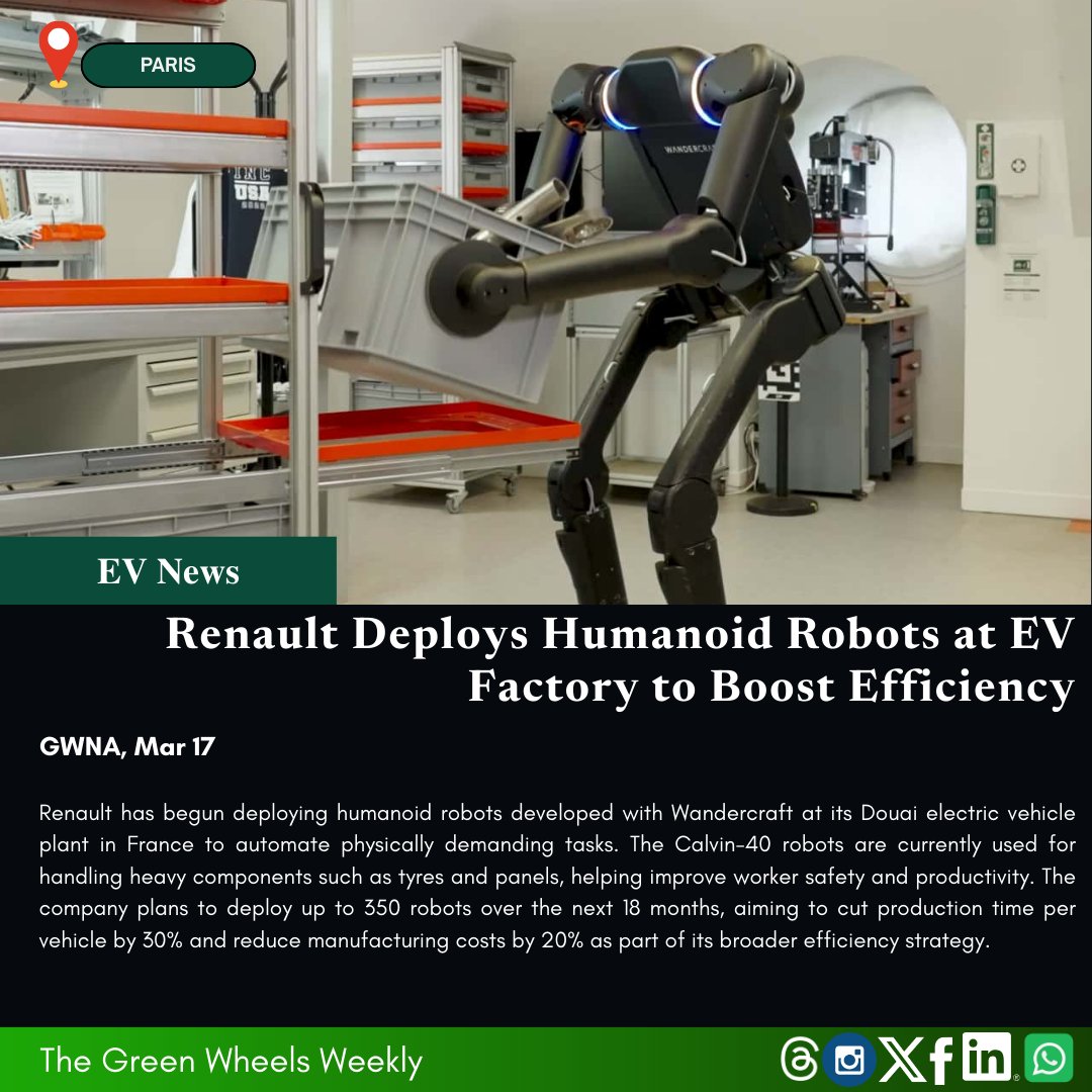 GreenWheels22's tweet image. Renault is deploying humanoid robots at its EV factory in France to handle heavy tasks and improve efficiency. The company plans to scale up to 350 robots in the coming months. #evmanufacturing #electricvehicles #evProduction #EVNews #EVNewsDigital