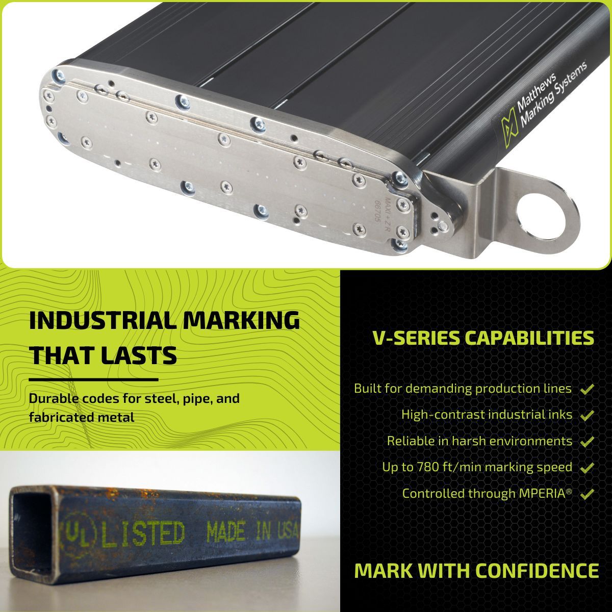 Steel doesn’t leave the line without a mark.

The V-Series drop-on-demand printer delivers high-contrast codes on metal surfaces—built for demanding production environments. 

Learn more: matthewsmarking.com/product/dod-in… 

#Manufacturing #MetalFabrication #IndustrialInkjet
