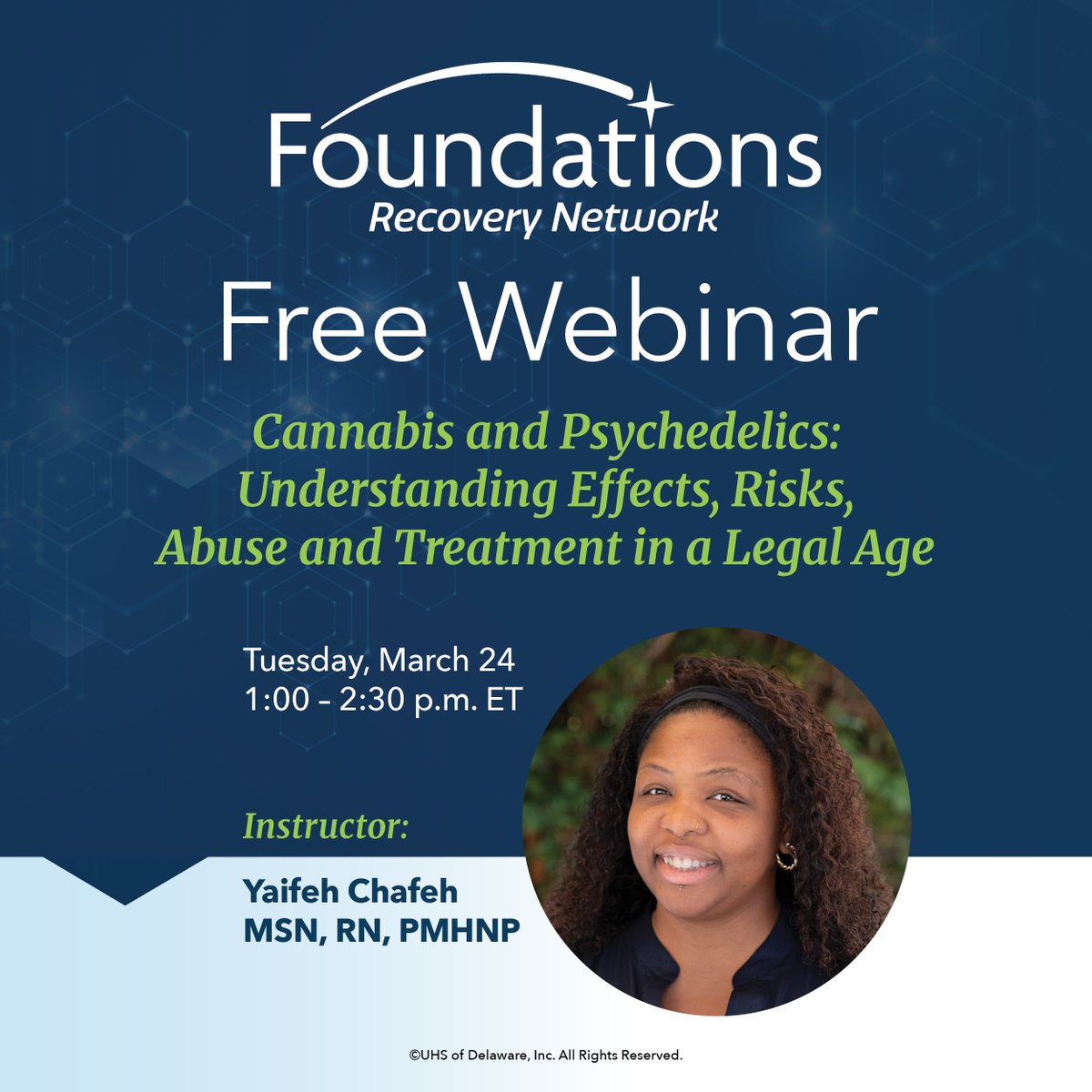 FRNetwork's tweet photo. Foundations Recovery Network Presents a Free Webinar - Cannabis and Psychedelics: Understanding Effects, Risks, Abuse and Treatment in a Legal Age

Tuesday, March 24, 2026, 1:00 P.M. – 2:30 P.M. EST 

Register Here: https://t.co/aOO4ahg9zR https://t.co/5Pm87YcJYZ