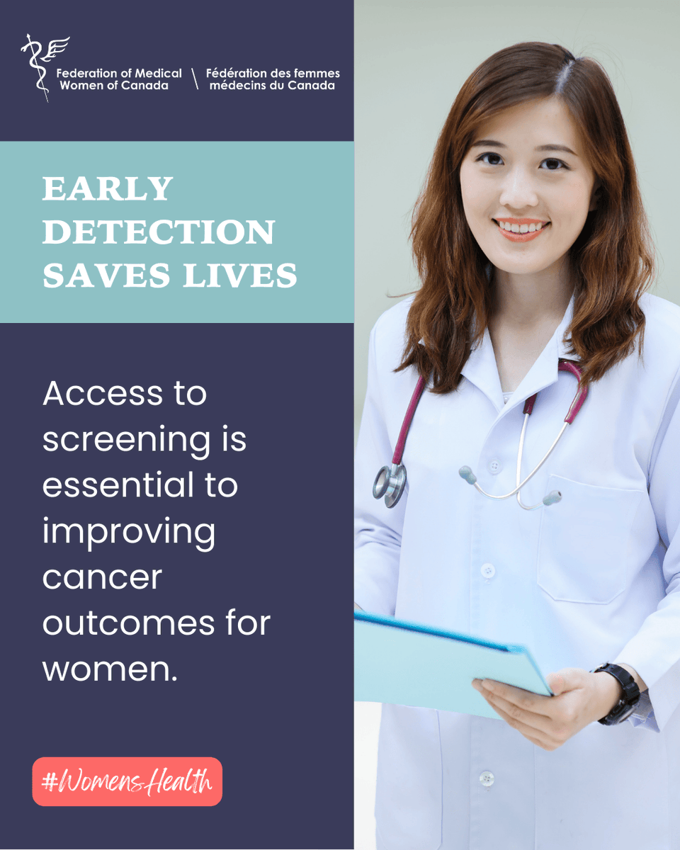 FMWCanada's tweet image. Early detection matters.

Access to screening is essential to improving cancer outcomes for women.

#EarlyDetection #WomensHealth #CancerScreening #HealthEquity #Advocacy
DrVivienBrown DrMTByass dr_rdosanjh CPHO_Canada WHEMSCanada WHCCanada
