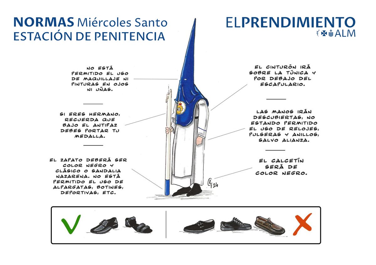 👀 ÚLTIMO DÍA de reparto de túnicas y papeletas de sitio, y lo aprovechamos para recordar las normas para vestir el hábito el próximo #MiercolesSanto.

🖌️ Con esta ilustración de <a href="/recio_estefania/">Estefanía Recio-García</a> no te quedará ninguna duda de como vestir correctamente la túnica en #elPrendimiento
