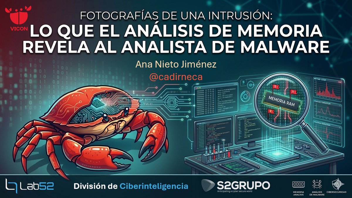 cadirneca's tweet image. Los días 17 y 18 de abril estaré en #Vigo, en muy buena compañía, disfrutando de la #ViCON2026 y, en particular, el 17, hablando sobre los pros y contras del análisis de #memoria cuando se trata del análisis de #malware. Con muchas ganas ya! vicon.gal