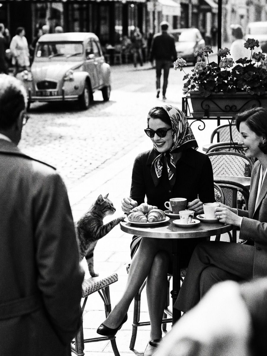 A cat investigating croissants. Paris, 1980s.