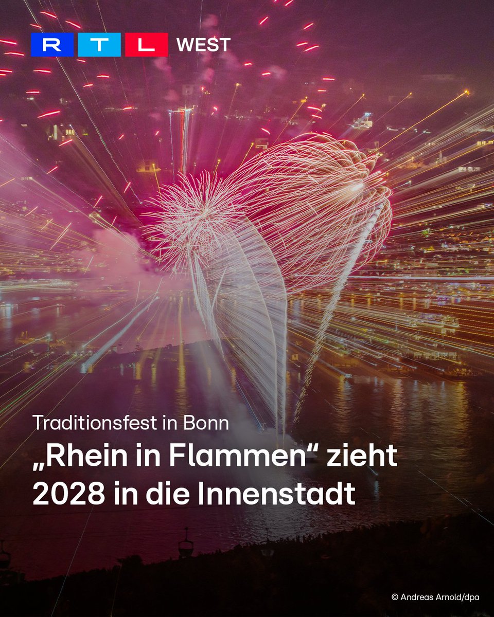 RTLWEST's tweet image. „Rhein in Flammen“ in #Bonn steht vor einem großen Umbruch. Das Traditionsfest findet 2026 zum letzten Mal in der #Rheinaue statt. Danach soll das #Event mit einem neuen Konzept in die #Innenstadt ziehen. Zum 40. Geburtstag von #RheininFlammen vom 01. bis 03. Mai 2026 nimmt die