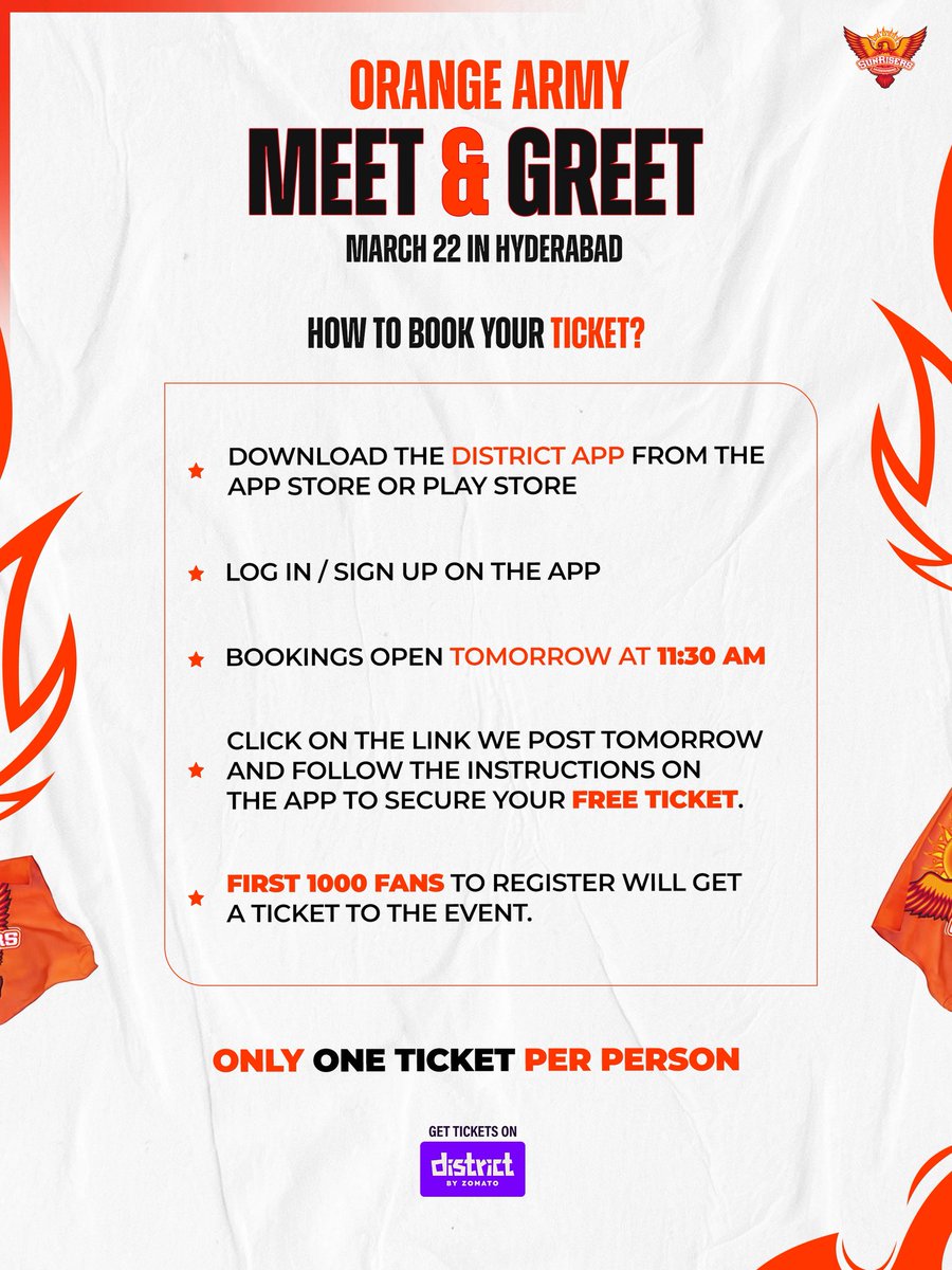 SunRisers's tweet photo. Hyderabad, it’s your turn to meet the Risers on March 22nd in Hyderabad! 

⏰ Bookings open: TOMORROW at 11:30 AM https://t.co/YUY0eay7fm
