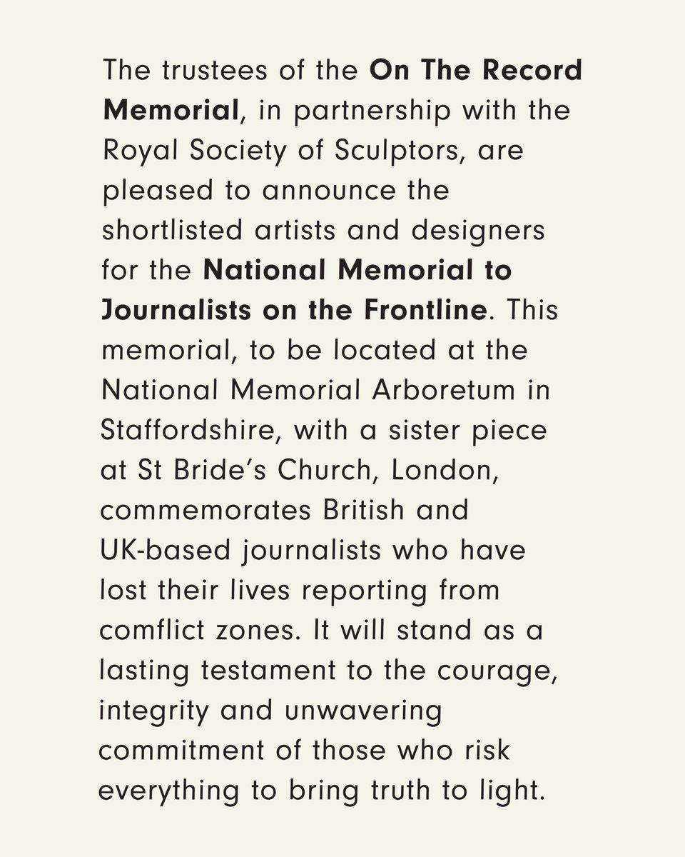 VertigoCreativ's tweet photo. SHORTLISTED!
We're honoured to be 1 of 8 (from 100+) for the On The Record National Memorial to Journalists on the Frontline. Looking forward to the next stage.
@nat_mem_arb @ontherecordmem @royal_sculptors
#publicart #sculpture #journalism https://t.co/QSlC1FQO5l
