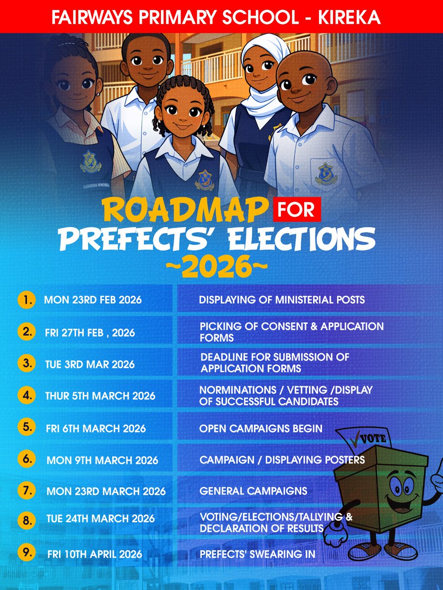 FairwaysKireka's tweet photo. The road to democracy begins early! 🗳️ At Fairways Primary School – Kireka, our young leaders are stepping forward with confidence as they participate in the school elections. A powerful lesson in leadership, responsibility, and the true spirit of democracy in action. https://t.co/N7qMbyuFaI