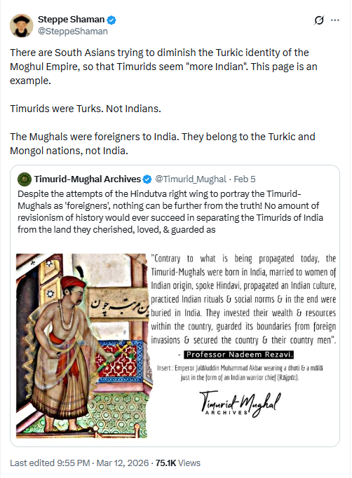 Indian leftists are the only group to push the whole narrative of Mughals being Indian while even Muslims see them as foreigners

The Mughals literally identified themselves as Gurkani (Timurids), not even Indian Muslim

Aurangzeb would've thrown this guy in jail just for