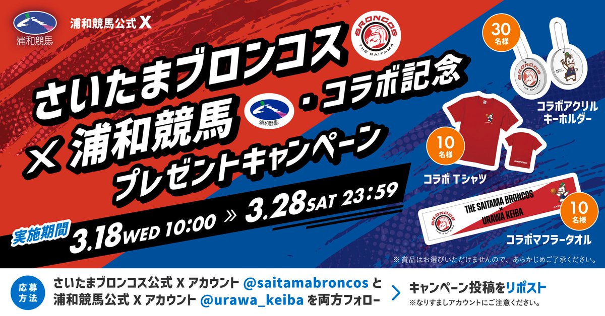 /／
さいたまブロンコス×浦和競馬・コラボ記念プレゼントキャンペーン
\＼

桜花賞当日の3/18(水)に､さいたまブロンコス🏀と浦和競馬🏇がコラボ！
これを記念して､オリジナルグッズなどを計30名様に🎁

1️⃣＠urawa_keibaと<a href="/saitamabroncos/">さいたまブロンコス【公式】</a>を両方フォロー
2️⃣この投稿をリポスト
 
詳細は↓