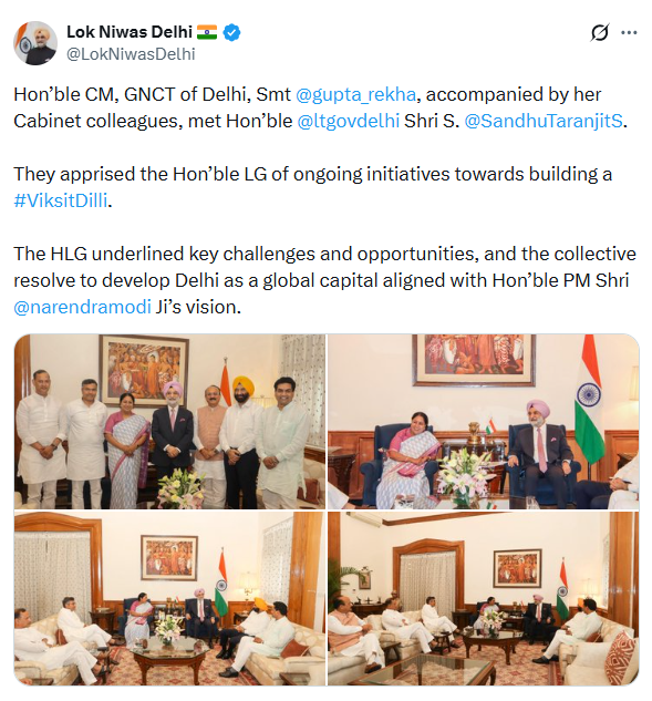 PTI_News's tweet photo. Lok Niwas Delhi (@LokNiwasDelhi) posts,
"Hon’ble CM, GNCT of Delhi, Smt @gupta_rekha, accompanied by her Cabinet colleagues, met Hon’ble
@ltgovdelhi Shri S. @SandhuTaranjitS. They apprised the Hon’ble LG of ongoing initiatives towards building a #ViksitDilli. The HLG underlined key challenges and opportunities, and the collective resolve to develop Delhi as a global capital aligned with Hon’ble PM Shri @narendramodi Ji’s vision."