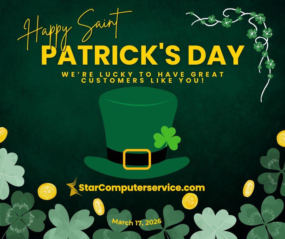 StarComputerTx's tweet photo. We’re feeling extra lucky to have you backing us. Thanks for being the charm in our business! #feelinglucky #StPatricksDay #LeprechaunsMadeMeDoIt https://t.co/Lx4FVvuh8i