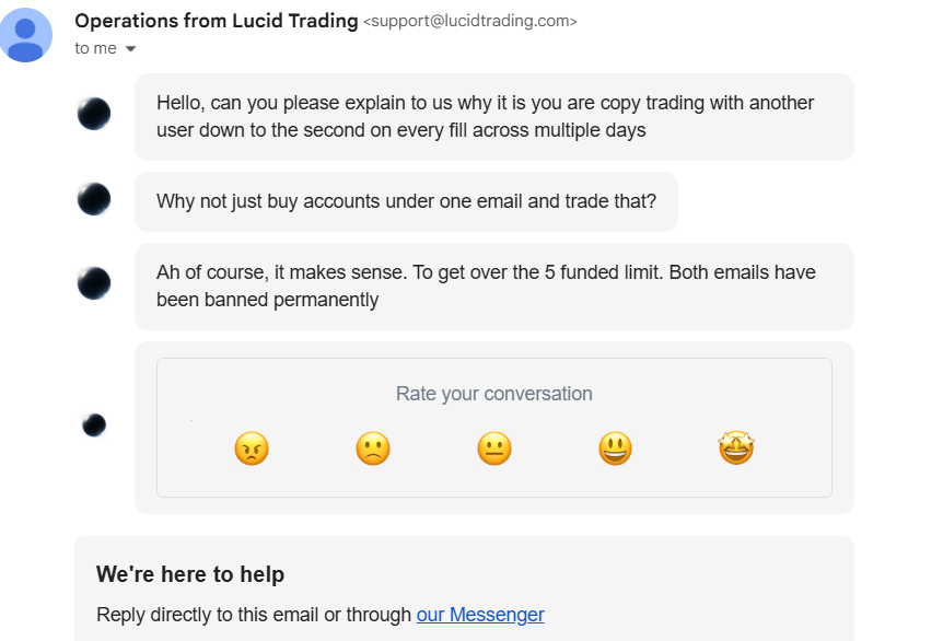 chazbenson1's tweet photo. @ajtradinglucid Hi @ajtradinglucid I was also accused of copy trading yesterday with no evidence provided and room to at least understand the issue, instead what I got was sarcasm &amp; rudeness from your staff as shown below. Thanks https://t.co/MQDNe8hQbT