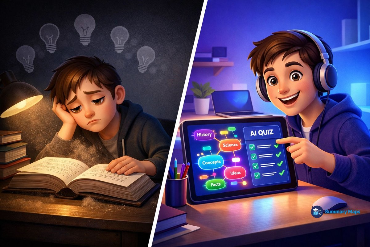 SummaryM73066's tweet image. Most people 're-read' to study. That's passive and slow. 🧠 Real mastery comes from active recall. Our AI-generated quizzes test you on the map branches you just explored. Stop forgetting. #ActiveLearning #StudyMode #SummaryMaps