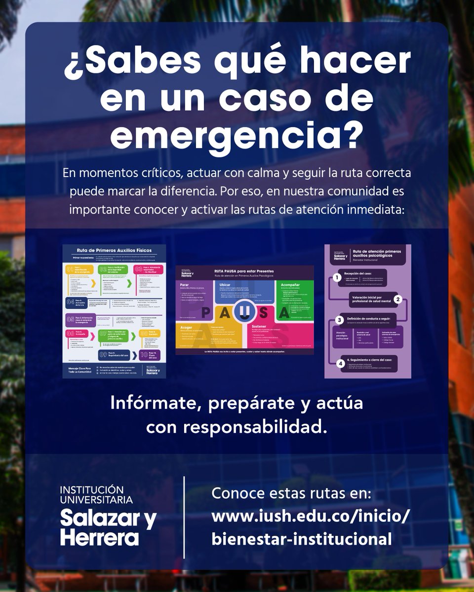 ¿Conoces las rutas de atención en casos de emergencia dentro de la Institución Universitaria Salazar y Herrera?

En momentos críticos, la calma y la información correcta marcan la diferencia.

👉 Visita: iush.edu.co/inicio/bienest… y aprende a reaccionar.