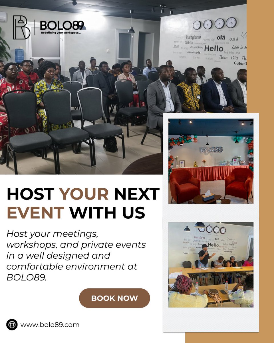 𝗛𝗼𝘀𝘁 𝗬𝗼𝘂𝗿 𝗡𝗲𝘅𝘁 𝗘𝘃𝗲𝗻𝘁 𝗪𝗶𝘁𝗵 𝗨𝘀
Plan your meetings, workshops, and private events in a comfortable and professional space at BOLO89.
📍 Deido, Douala
#BOLO89 #EventSpace #Workshops