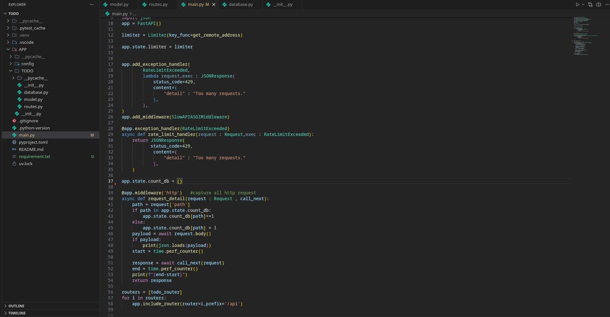 Srikant_panda09's tweet photo. project update : Added Middleware + Rate Limiting to my Todo API today.
• Custom middleware for request processing
• Rate limiting to prevent abuse
#Python #Backend #FastAPI #APIDesign #BuildInPublic https://t.co/ynPojlHYOy