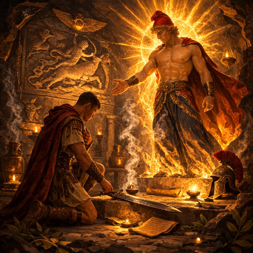 VicarOfMithras's tweet photo. The Miles swears loyalty as a sacred warrior. Under Mars, the initiate learns discipline, obedience, and fealty to Mithras above all else. This is not conquest, but service through strength. #CultOfMithras #Mithraism #MithraicMysteries #Mithras https://t.co/xGytkfbyj7
