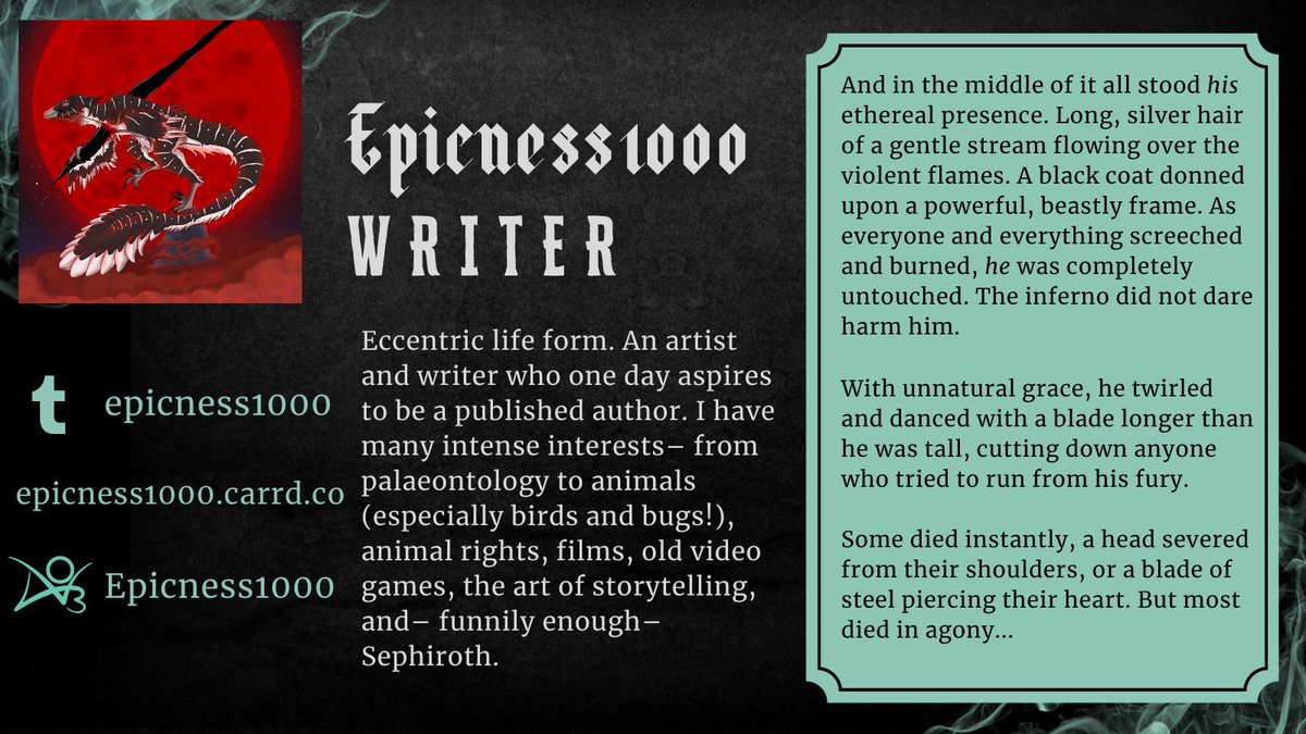 Contributor Spotlight ⚫

Meet Epicness1000, one of our Writers! Sephiroth's extremely relatable for her, always having a thing for lonely, monstrous beings, as well as villains– the epitome of what she loves to see in a fictional character!