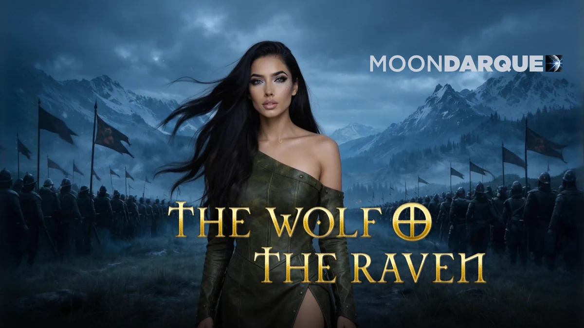 Promotional artwork for “The Wolf and the Raven” showing Moon Darque standing in a cold blue fantasy landscape with mountains, soldiers, and flags behind her.