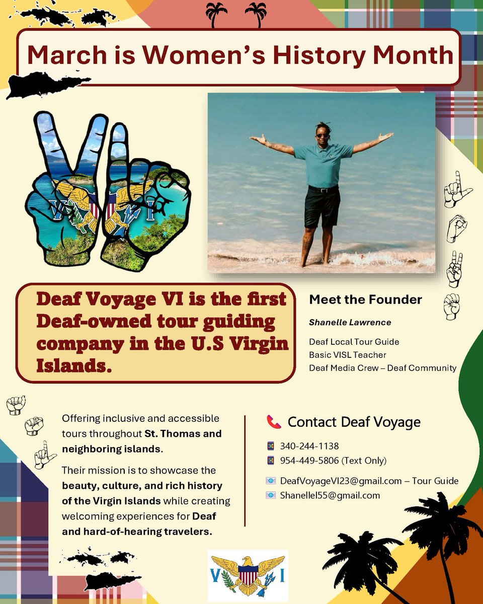 🌺 March is Women’s History Month!

VIDHS DD&amp;RS celebrates Shanelle Lawrence, founder of Deaf Voyage VI—the first Deaf-owned tour company in the USVI. 🇻🇮

Championing inclusive tourism for Deaf &amp; hard-of-hearing travelers.

#WomensHistoryMonth #VIDHS #AccessibilityMatters
