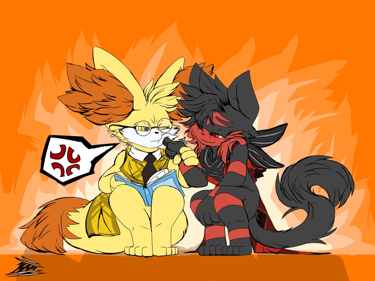 McMigMiggy's tweet image. Ignacio messing with Laszlo who is trying to read a comic. 
Four-eyes here is pissed off. 

🔥
#fennekin #litten #oc #pokemon