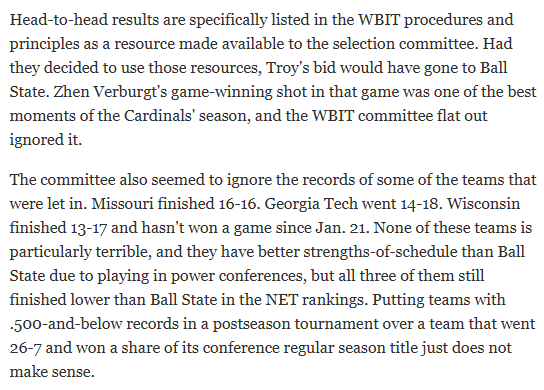 Raoul_000's tweet photo. Ball State WBB coach Brady Sallee: "We are clearly dismayed and confused by our omission in this season's WBIT.... All our metrics pointed to inclusion in this year's tournament." This article makes the case for why Ball State (26-7) should've gotten a bid https://t.co/2ffIqierD4 https://t.co/5yLQtH1C3Y