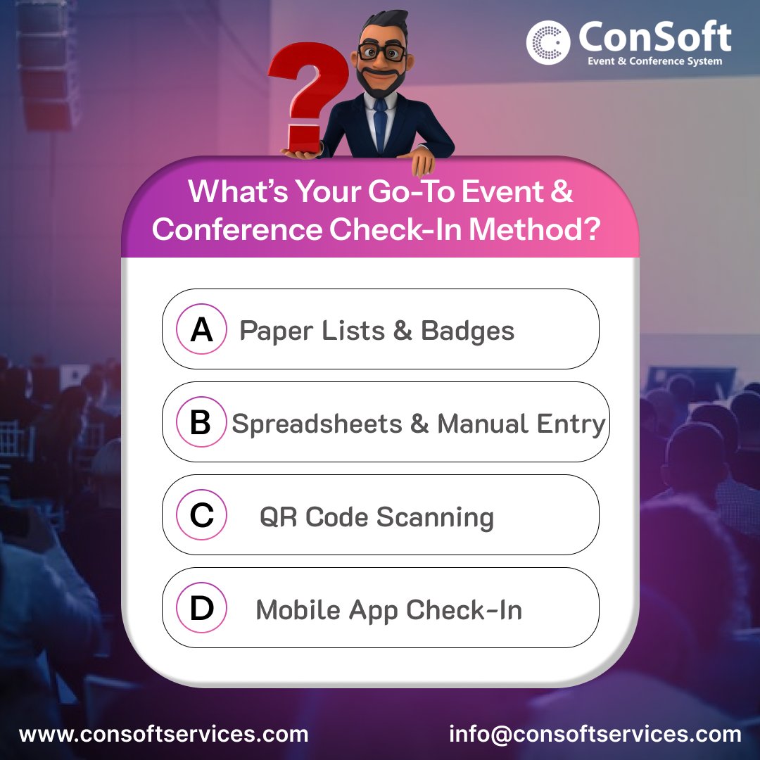 consoftservices's tweet photo. What’s Your Go-To Check-In Style?

From old-school paper lists to fast QR code scanning and sleek mobile app check-ins — every event has its way.

Which one speeds up your entry and keeps your guests happy?

Leave your answer in the comments!

#Consoftservices
#Consofts https://t.co/opA3FMk2vQ