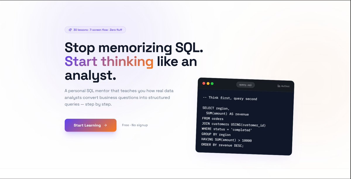 MrSecret143's tweet photo. Most people learn SQL the wrong way.

They memorize queries.

But in real interviews, SQL is about thinking, not typing.

So I built something to fix that 👇 https://t.co/M9Yn9VdJC0