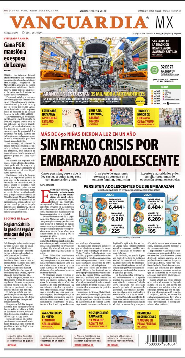 vanguardiamx's tweet photo. 📰 En nuestra portada de hoy: Coahuila: Sin freno crisis por embarazo adolescente; más de 650 niñas dieron a luz.

🔗 Conoce más detalles aquí. 👉 https://t.co/a1Xk27KW5d https://t.co/Rct6CMnOz6