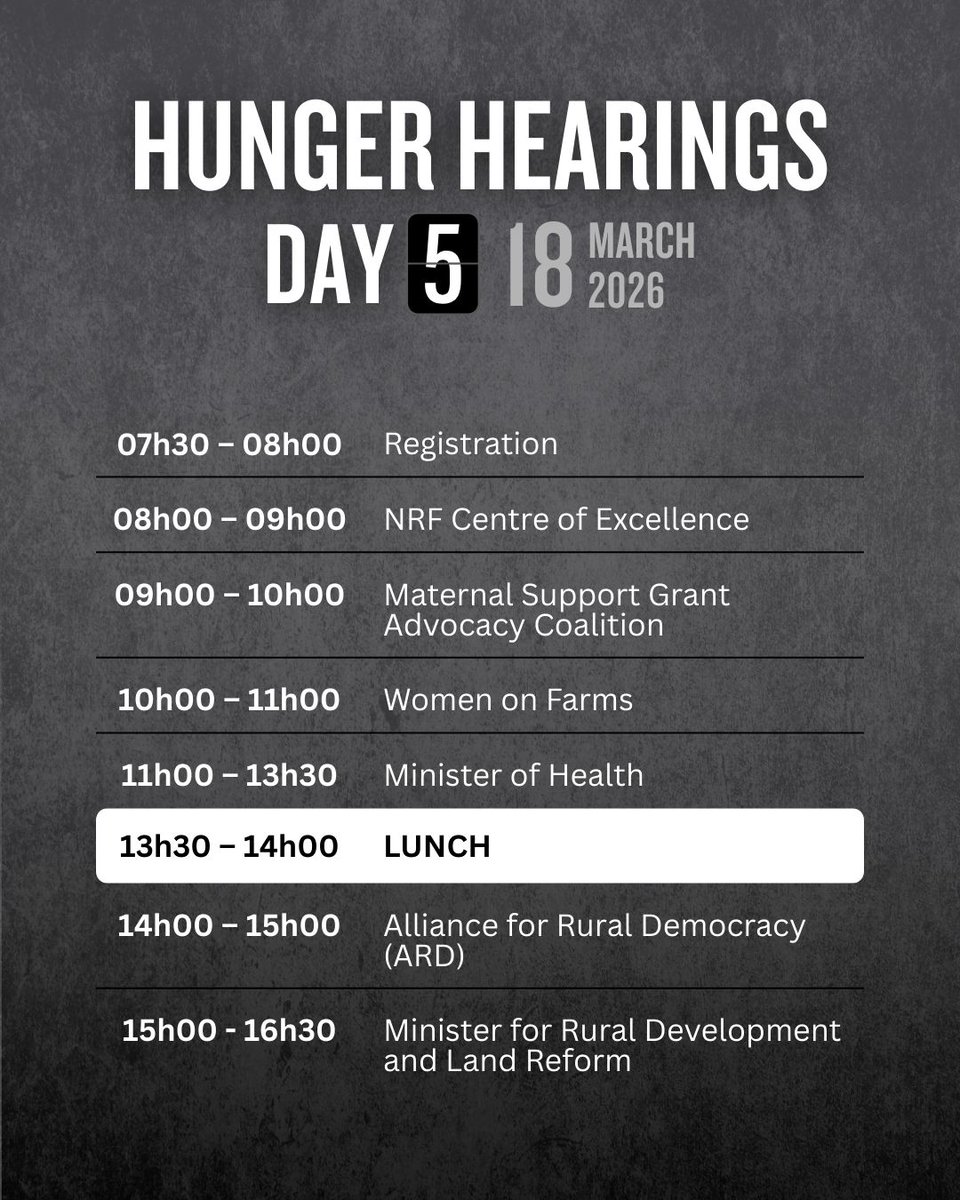 UAH_za's tweet photo. TOMORROW
DAY 5: HUNGER HEARINGS
Follow online and in-person
Date: 12 to 20 March 2026
Physical Venue: Nelson Mandela Foundation, Houghton, Johannesburg
Online: https://t.co/2n2nN7LlF5
Time: 08h00 Daily
@SAHRCommission
#RightToFood #EndChildHunger #FoodJustice #HungerHearings https://t.co/vbovmmc50M
