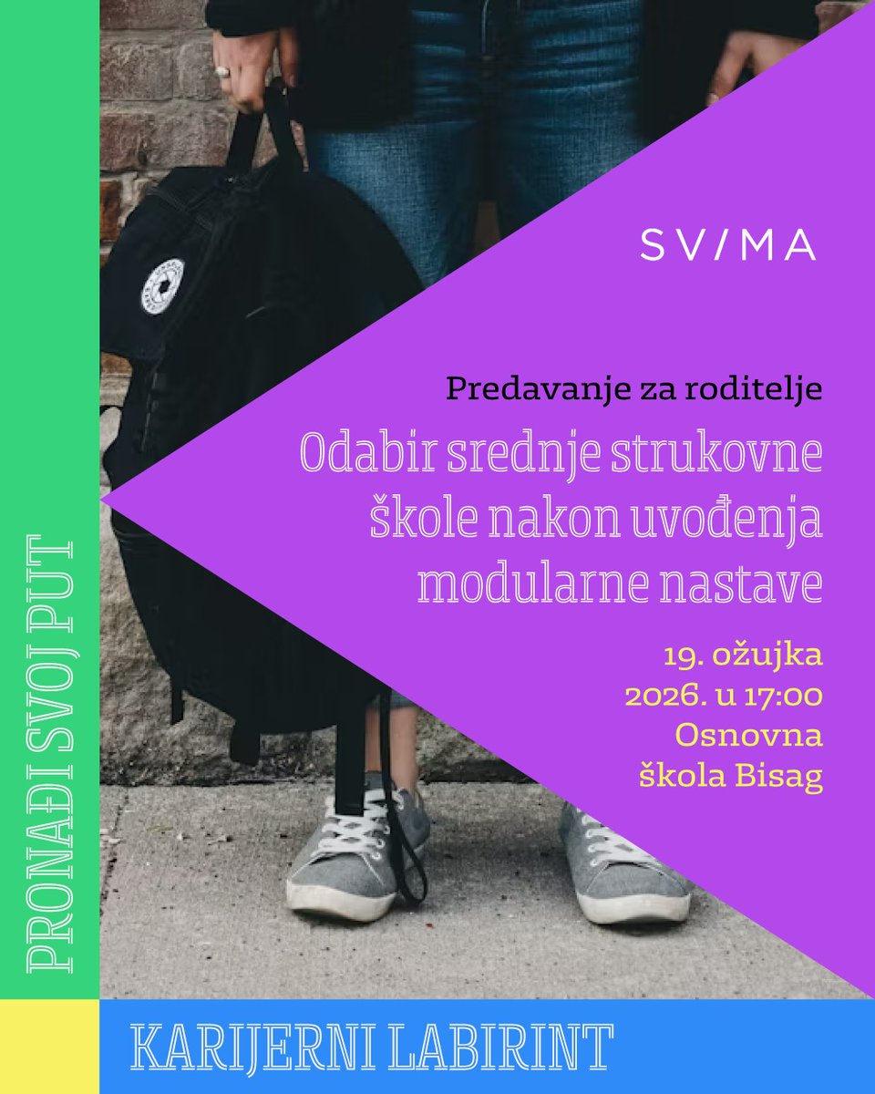 Svima3's tweet photo. Unutar našeg projekta Karijerni labirint – pronađi svoj put, održat ćemo predavanje za roditelje učenika Osnovne škole Bisag pod nazivom „Odabir srednje strukovne škole nakon uvođenja modularne nastave“.  Projekt financira Ministarstvo demografije i useljeništva. https://t.co/mPwCv9VdEn