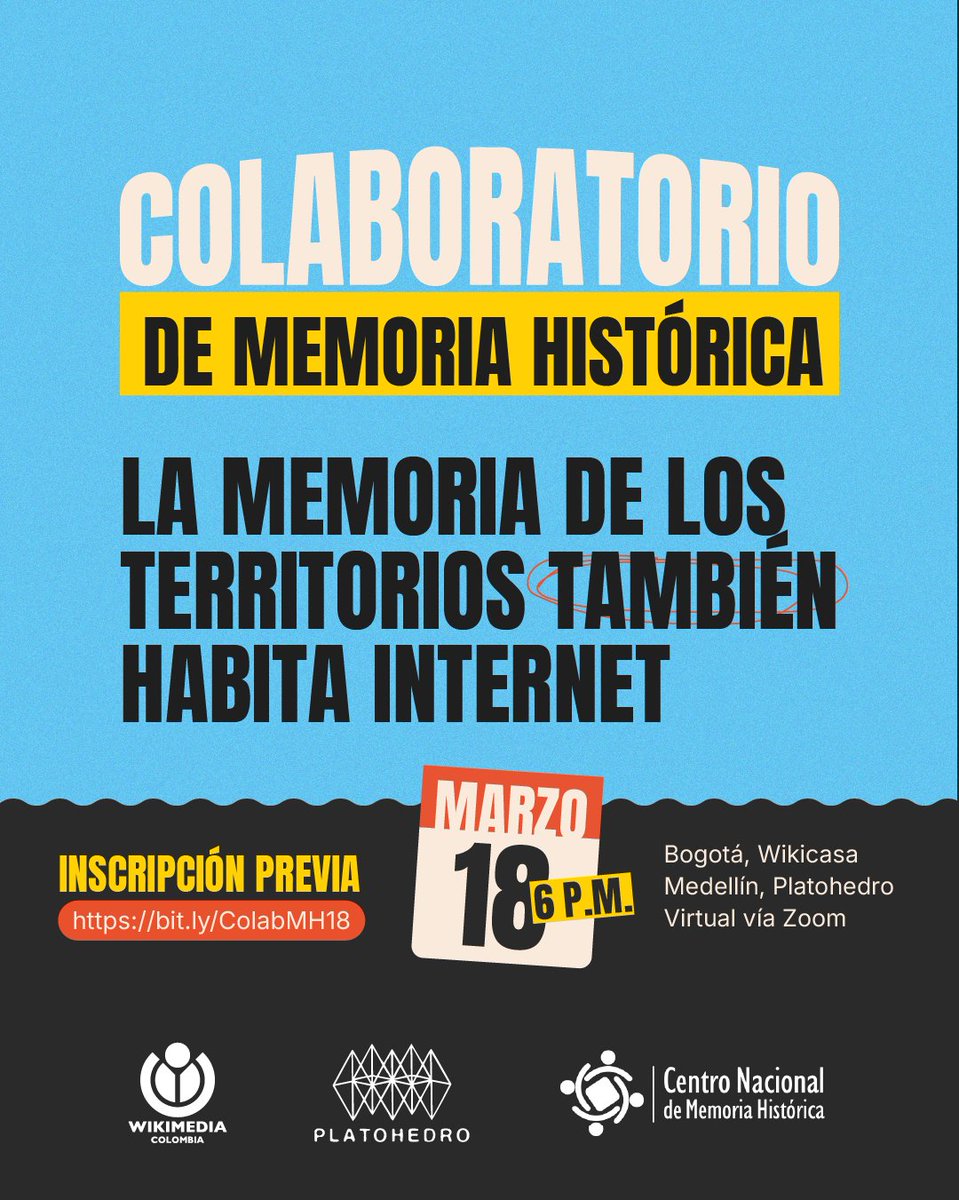 CentroMemoriaH's tweet photo. Mañana, 18 de marzo, en el «Colaboratorio de memoria histórica», conversaremos con Juan Cortés, líder del Museo Virtual del @CentroMemoriaH, sobre arte, datos y tecnología para narrar la memoria. También participan Sara Wayra y Patricia Nieto. 
📝Inscríbete aquí: https://t.co/IWqWvBjCjq
@wikimediaco