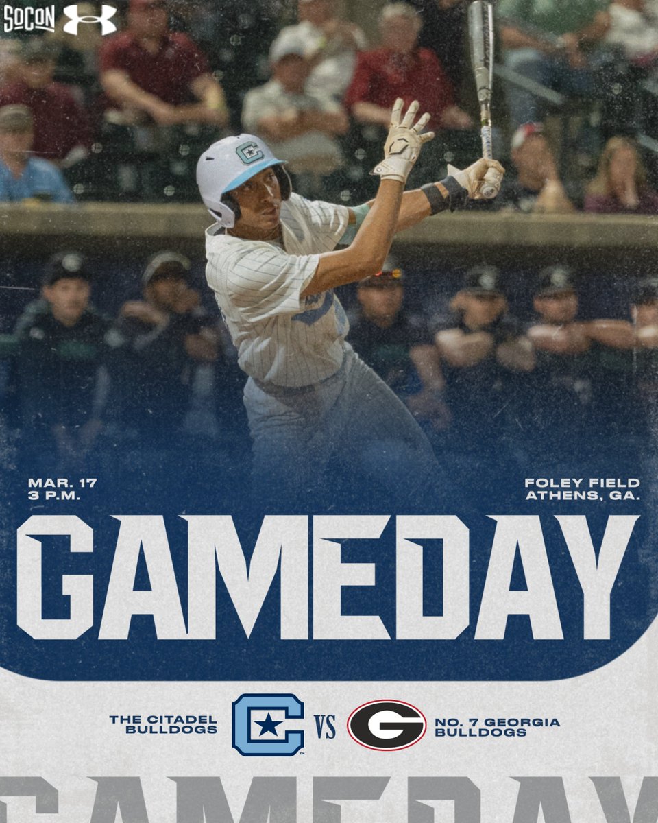 CitadelBaseball's tweet photo. Game Day! 🐶⚾️
🆚No. 7 Georgia
⏰3 p.m.
🏟️Foley Field
📊https://t.co/EWLFmFO8L6
📺https://t.co/WnCPskTmtd
#jOURney https://t.co/g9cmUTozRv