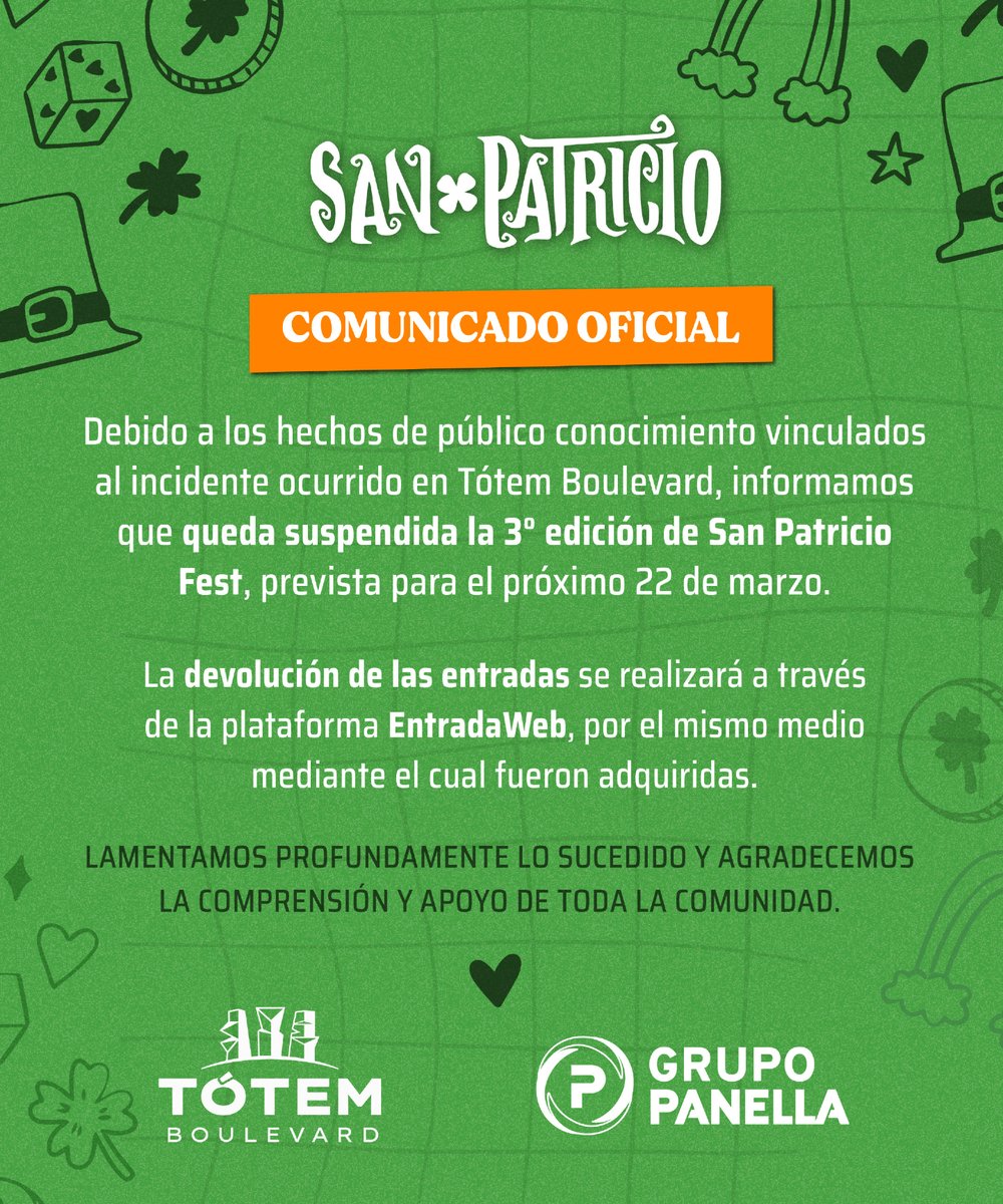 Por los hechos ocurridos, la tercera edición de San Patricio queda suspendida.
Gracias por el acompañamiento y la comprensión de todos. 🤍

Nos volveremos a encontrar muy pronto para seguir brindando.

SanPatricioFest #NosVolveremosAEncontrar