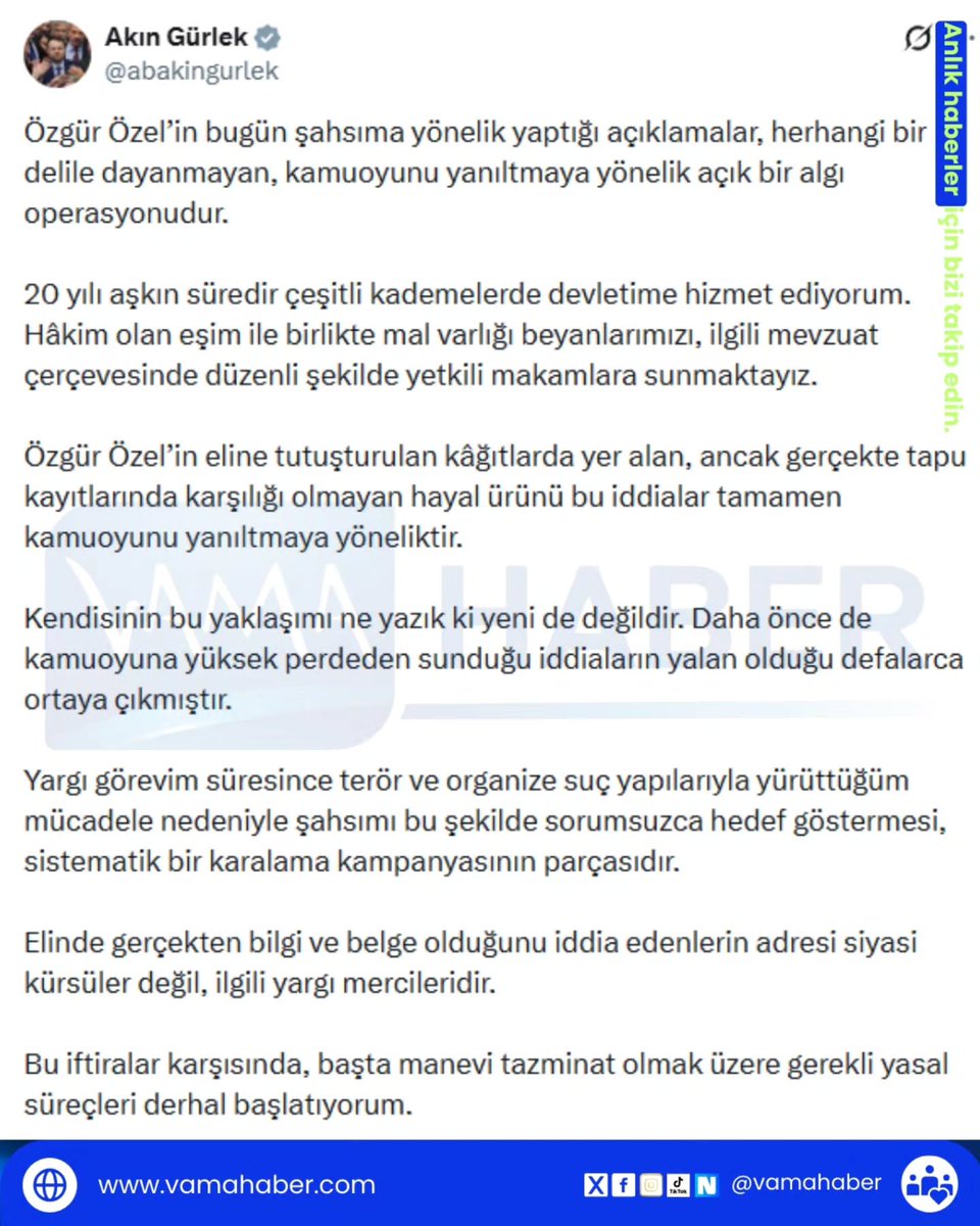 Adalet Bakanı Gürlek, CHP lideri Özel’in iddia ettiği malvarlığıyla ilgili açıklamalarını yalanladı. "Eline tutuşturulan kâğıtlarda yer alan, ancak gerçekte kayıtlarda karşılığı olmayan hayal ürünü bu iddialar tamamen… #vamahaber #adaletbakanlığı #chp #akıngürlek #özgürözel