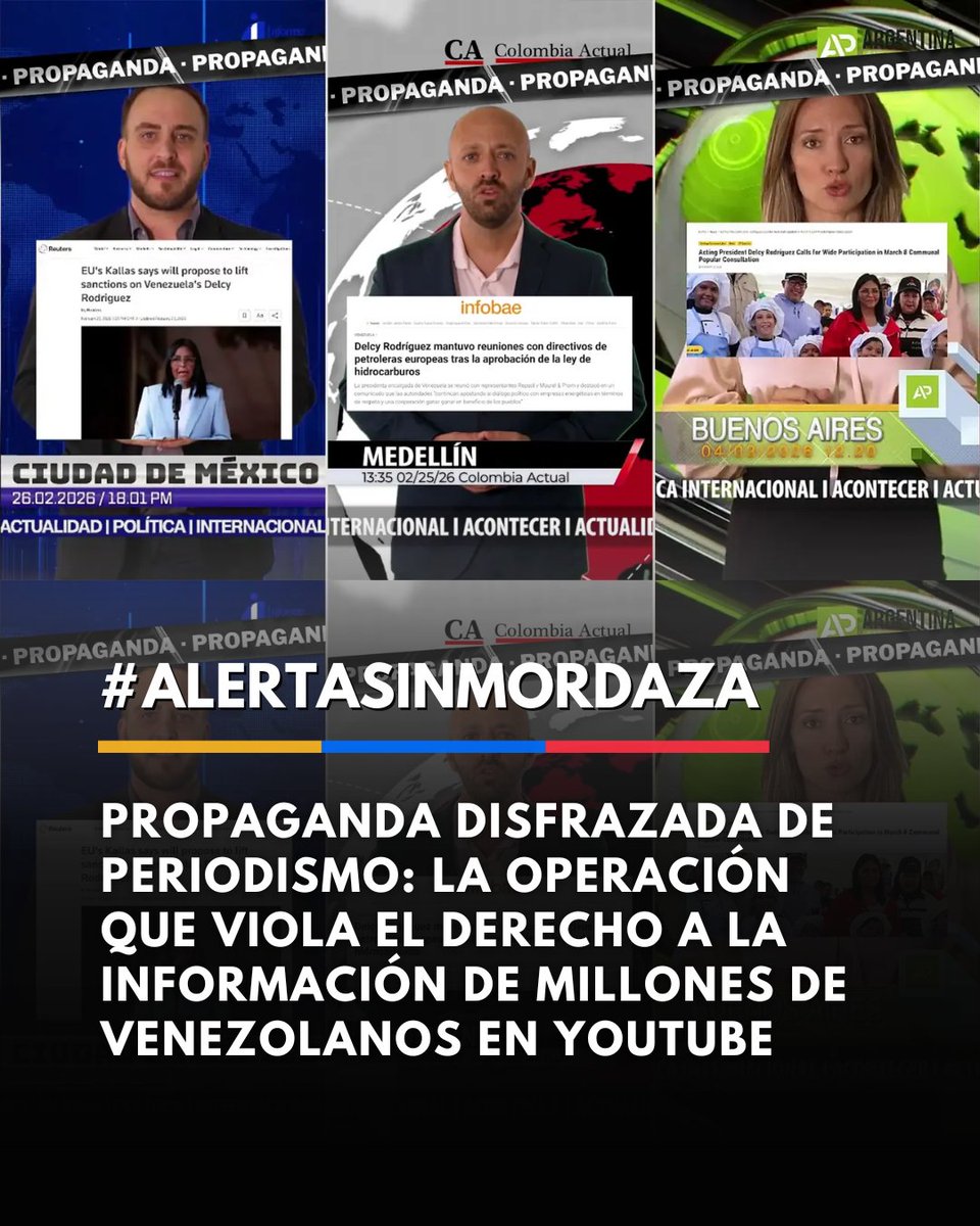 Sinmordaza's tweet photo. #Alerta | 🚨Propaganda disfrazada de periodismo: la operación que viola el derecho a la información de millones de venezolanos en YouTube

El derecho a estar informado no puede existir cuando la propaganda se disfraza de periodismo.
Una investigación de Cazadores de Fake News documentó una operación coordinada de desinformación en YouTube dirigida a usuarios venezolanos: más de 50 videos pagados, distribuidos en al menos 14 canales creados en menos de dos semanas, diseñados para parecer noticieros de distintos países de la región. Todos tienen un solo objetivo: construir una imagen favorable de Delcy Rodríguez.

Los videos acumulan más de 32 millones de visualizaciones, superando el total de venezolanos con acceso a internet. No aparecen porque sean relevantes. Aparecen porque alguien los está pagando para que interrumpan cualquier video que un venezolano intente ver.

Su mecanismo más grave es el uso de capturas de medios reales como Reuters, EFE, AFP y CNN para darle apariencia de credibilidad a contenido que es, en su totalidad, propaganda. El ciudadano que lo consume no puede distinguir entre información verificada y manipulación deliberada.

Eso no es un error del sistema. Es el objetivo de la operación.

Venezuela ya enfrenta uno de los entornos más hostiles para el periodismo libre en el continente. Operaciones como esta profundizan ese daño: no solo mienten, sino que contaminan el espacio informativo hasta hacer casi imposible ejercer el derecho a una información libre, plural e independiente.