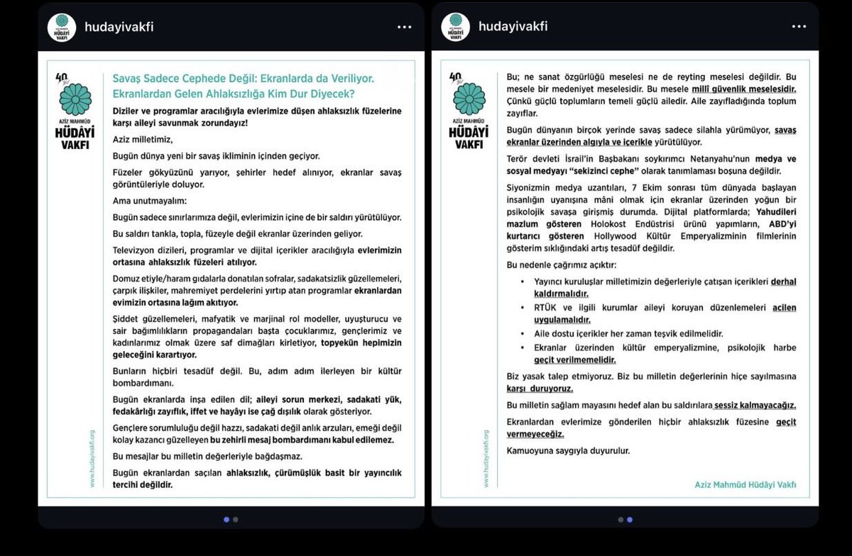 Aziz Mahmud Hüdayi Vakfı “Ekranlardan Gelen Ahlaksızlığa Kim Dur Diyecek” başlıklı açıklama yayınladı: “Ekranlardan evimizin ortasına lağım akıtılıyor. Evlerimizin ortasına ahlaksızlık füzeleri atılıyor.”

Artık tüm vakıf, dernek ve STK’lar açıklama yapıp kamuoyu oluşturmalı.