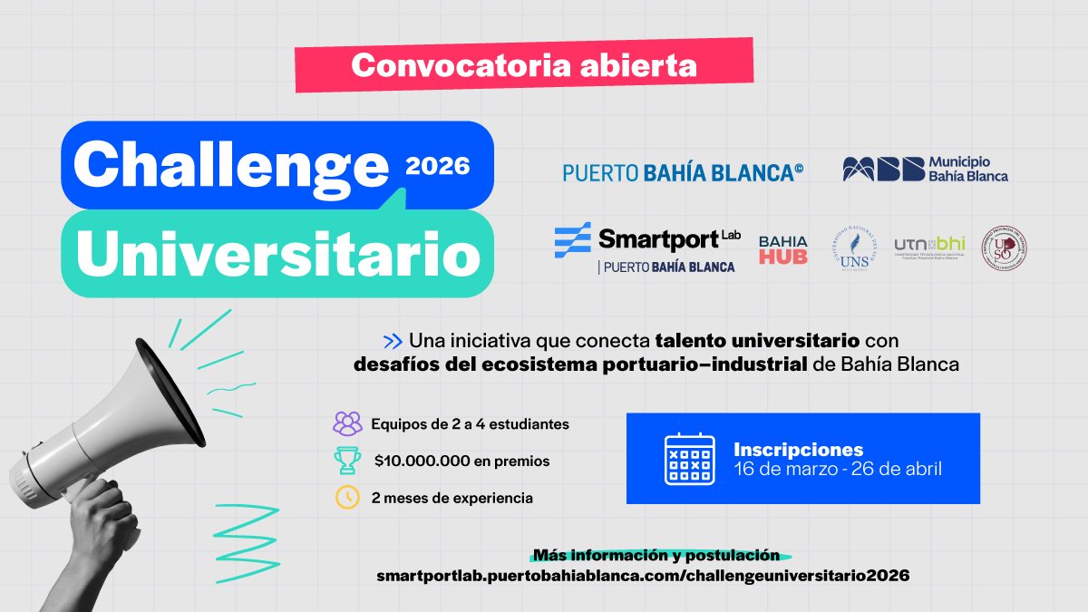SmartPortLab's tweet photo. 🚀 Convocatoria abierta

El Challenge Universitario 2026 conecta estudiantes con desafíos del ecosistema portuario–industrial de Bahía Blanca.

🏆 $10.000.000 en premios
📅 Inscripciones hasta el 26 de abril

🌐 https://t.co/NIcD3lyXBw https://t.co/Cqzq58hnJM