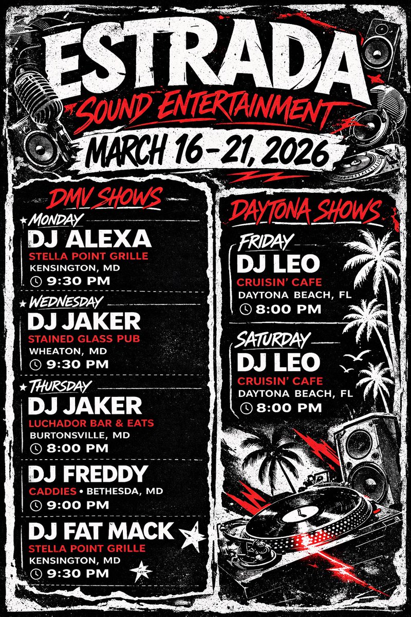 thebattleofleo's tweet photo. 7 shows. 2 states. 1 week.

DMV ➡️ Daytona
We’re outside all week 🎤🔥

Karaoke. DJs. Real vibes.

Fri &amp; Sat — Cruisin’ Cafe (Daytona)

#EstradaSound #DaytonaBeach #DMVNightlife #Karaoke https://t.co/edBKMYY2q9