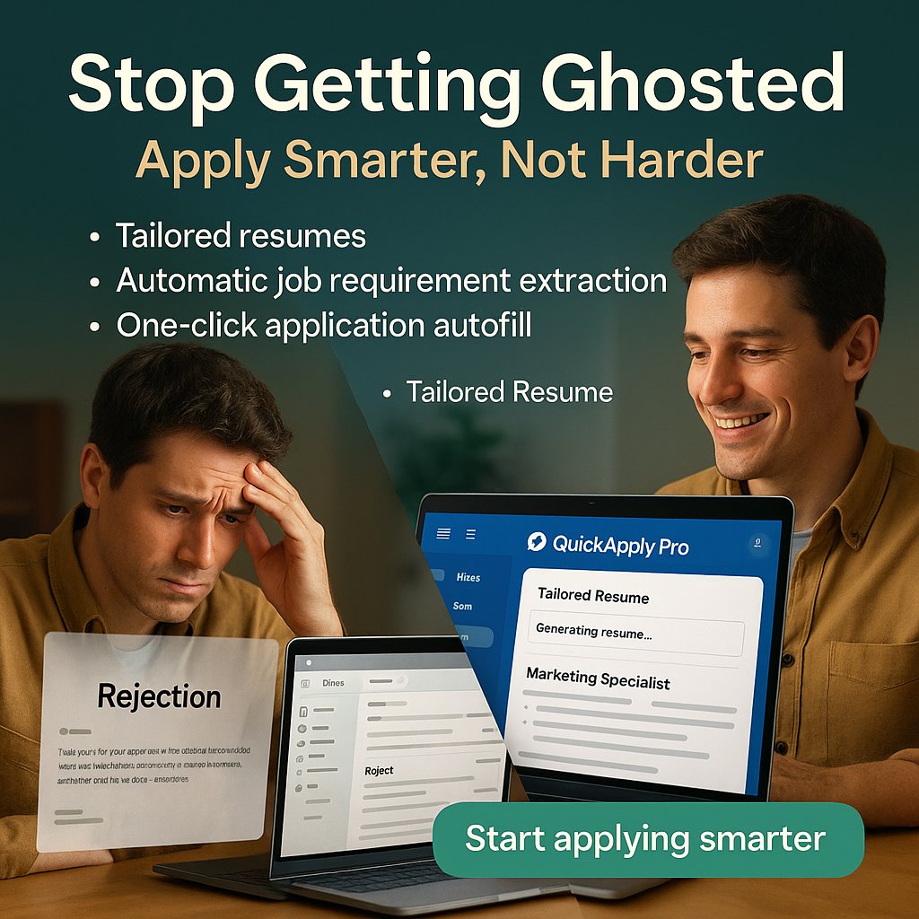 quickapplypro's tweet image. You didn’t get ghosted because you weren’t good enough,it’s because your resume didn’t match what they wanted. Quick Apply Pro tailors each app to the job so you finally get seen and not filtered out. #QuickApplyPro #JobSearch