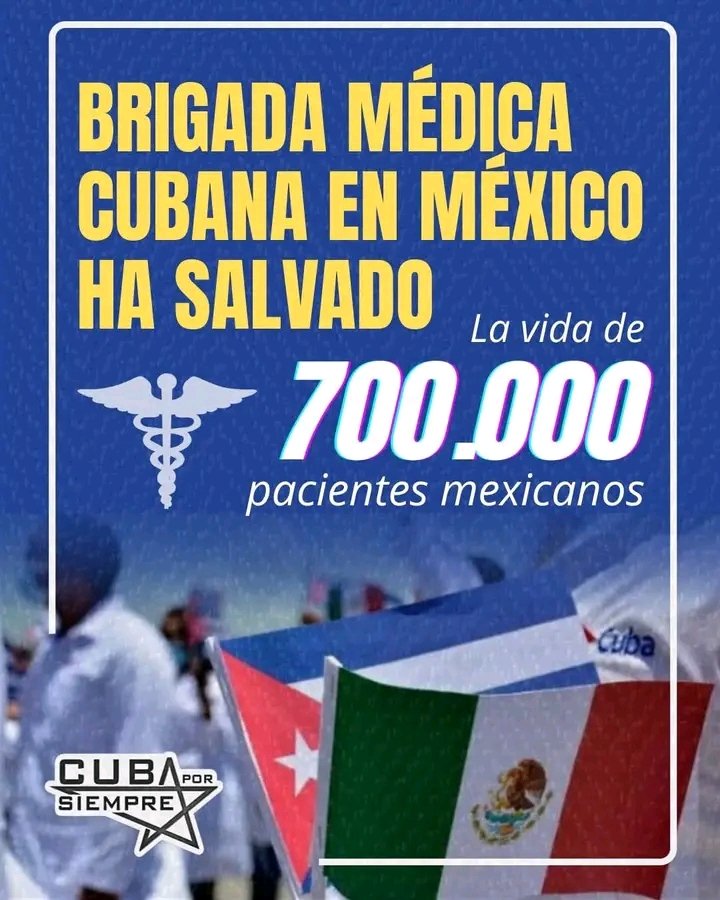 💟 Médicos 🇨🇺 en 🇲🇽 han salvado la vida de 700,000 pacientes, según reporte de La Jornada: La labor de la Brigada Médica 🇨🇺 en 🇲🇽 ha alcanzado un hito histórico al estimarse que ha salvado la vida de más de 700,000 pacientes desde el inicio del convenio de colaboración en 2022.