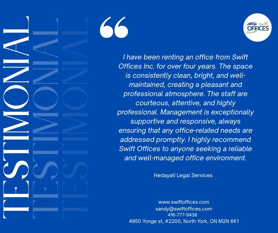 SwiftOffices's tweet photo. At Swift Offices, we provide more than offices. We provide a clean, welcoming space backed by a team that’s here for you.

☏ (416)-777-9438
✉ sandy@swiftoffices.com

#SwiftOffices #CoworkingSpace #OfficeLeasing #OfficeSpace #OfficeSpaceForRent  #OfficeRental #Toronto https://t.co/rZ2Da00Vne