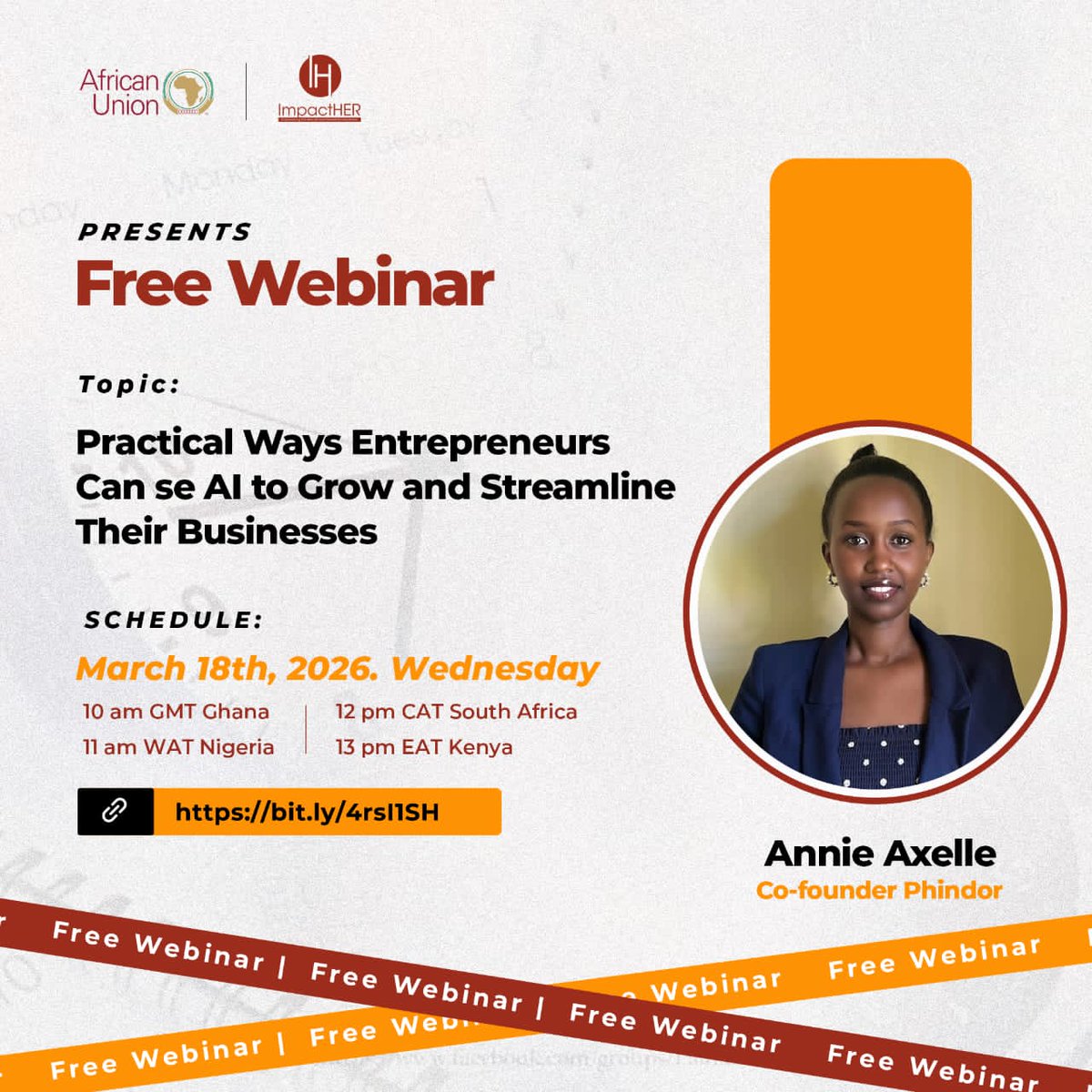 ImpactHERAfrica's tweet photo. Be honest… you’ve heard “use AI” but still don’t know HOW 😭🤖

Join our FREE webinar with Annie Axelle (Co-founder, Phindor) to learn practical ways to use AI for your business.

🗓 March 18
⏰ 10AM GMT | 11AM WAT
Register: https://t.co/IroUs5Nm4V⁠

#ImpactHER #AIforBusiness https://t.co/OcLnfifvRu