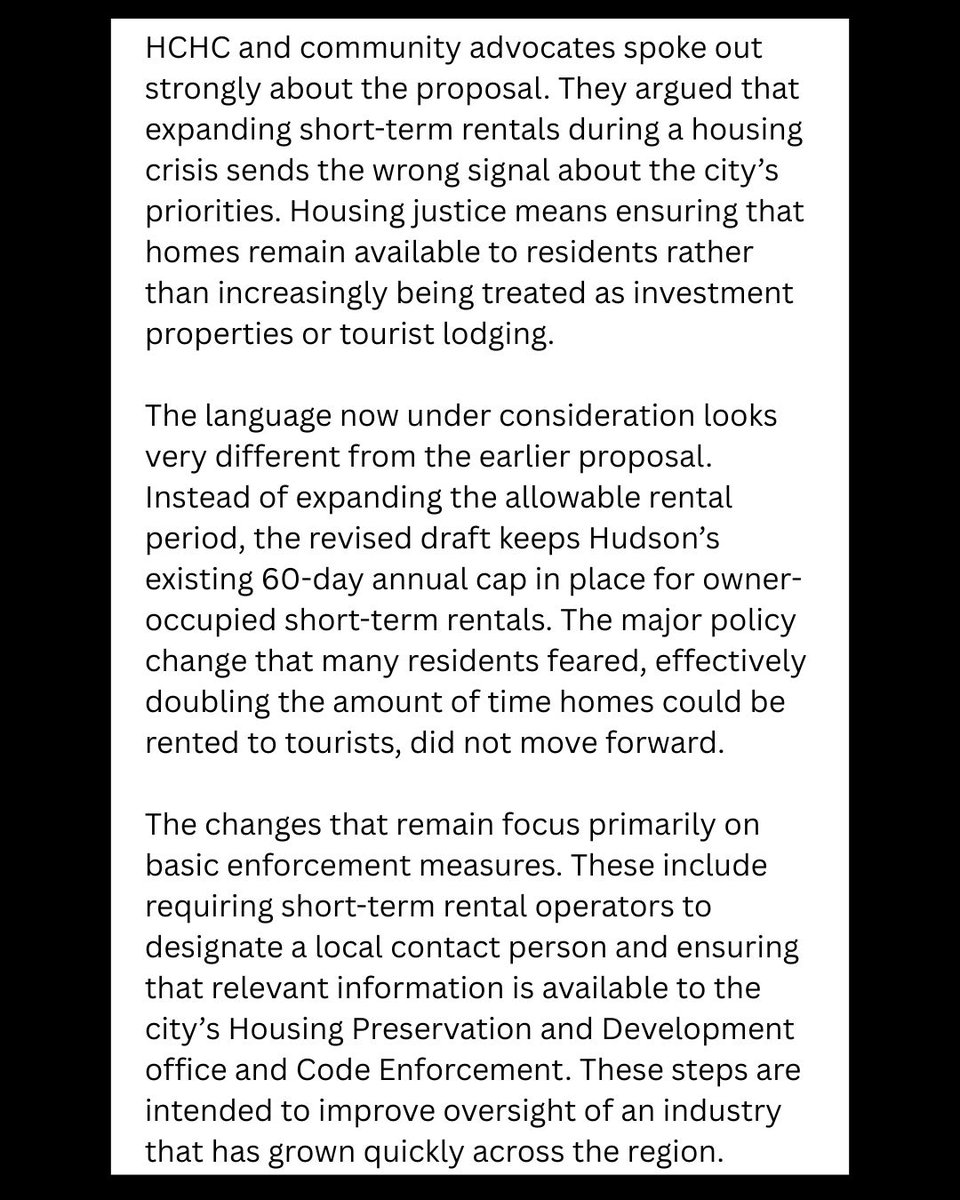 HudCatHousing's tweet photo. Hudson residents and advocates showed up! The short-term rental expansion did not move forward. But the housing crisis is not over. Now we need a housing vacancy study. Residents deserve stable housing.

#HCHC #HousingJustice #HudsonNY #TenantPower #VacancyStudy https://t.co/zXXJ9cS8wv