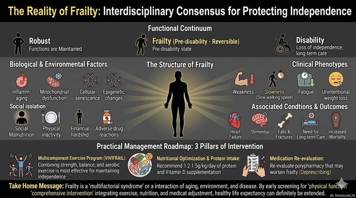 Frailty is not just aging—it’s a modifiable clinical state.
Exercise remains the most effective intervention, supported by nutrition and deprescribing.
A useful framework, though slightly simplified.

sciencedirect.com/science/articl… 

#IARN #RehabNutrition #Frailty
