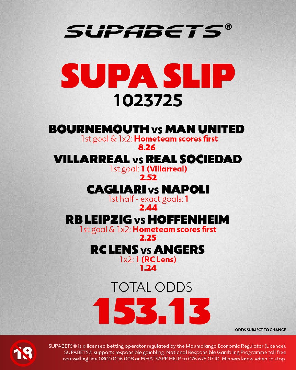 Supabets_mzansi's tweet photo. ⚽️FRIDAY NIGHT FOOTBALL⚽️

5️⃣ LEAGUES
5️⃣ GAMES
1️⃣ SLIP

👉 1️⃣0️⃣2️⃣3️⃣7️⃣2️⃣5️⃣✅
👉 https://t.co/87KjlR81gv ✅

#FridayNightFootball #supaslip #supabet

18+ | Bet Responsibly https://t.co/axLWzmmkbh