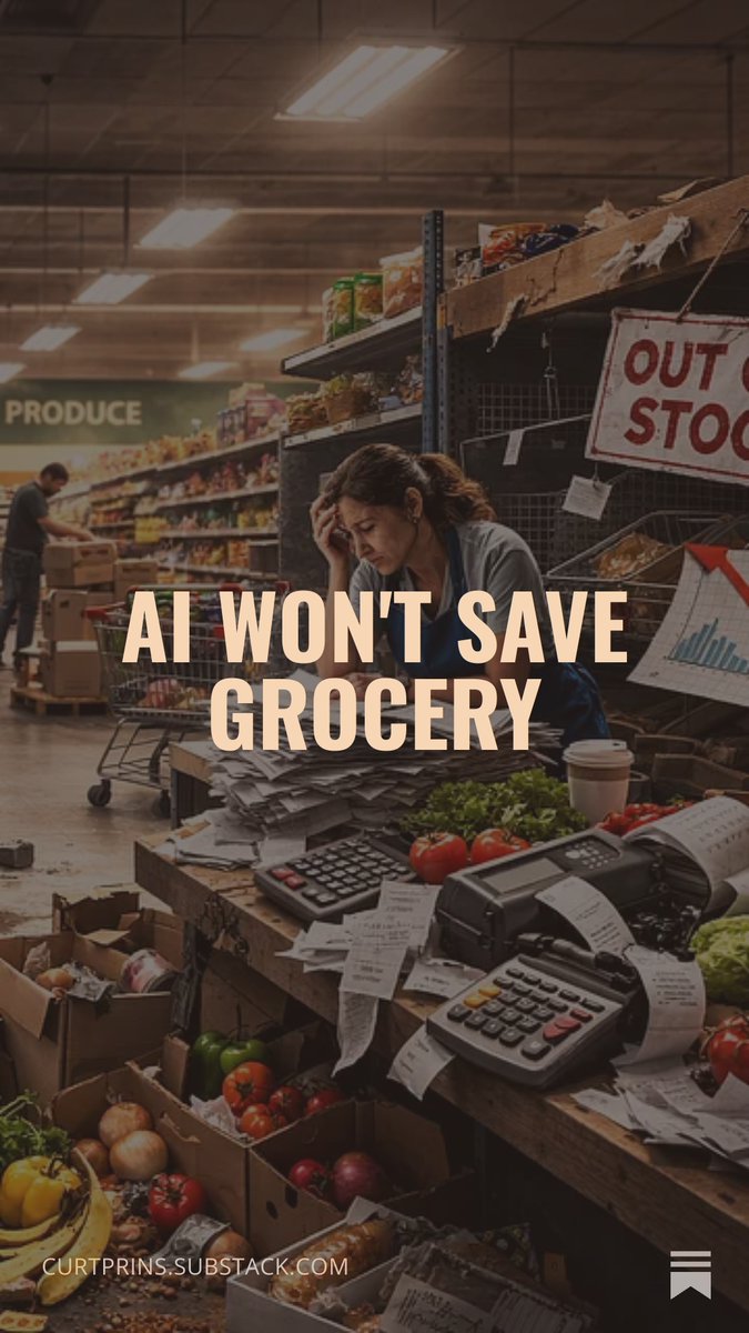 curtprins's tweet photo. AI won't save grocery.

Good grocers will. They'll point it at shrink, stock, and labor instead of chatbots and personalization engines.

⚠️Fix the back room first. The chatbot can wait.
#AI #grocery #retail
https://t.co/cinhHYOU4R https://t.co/lf715MsOZQ