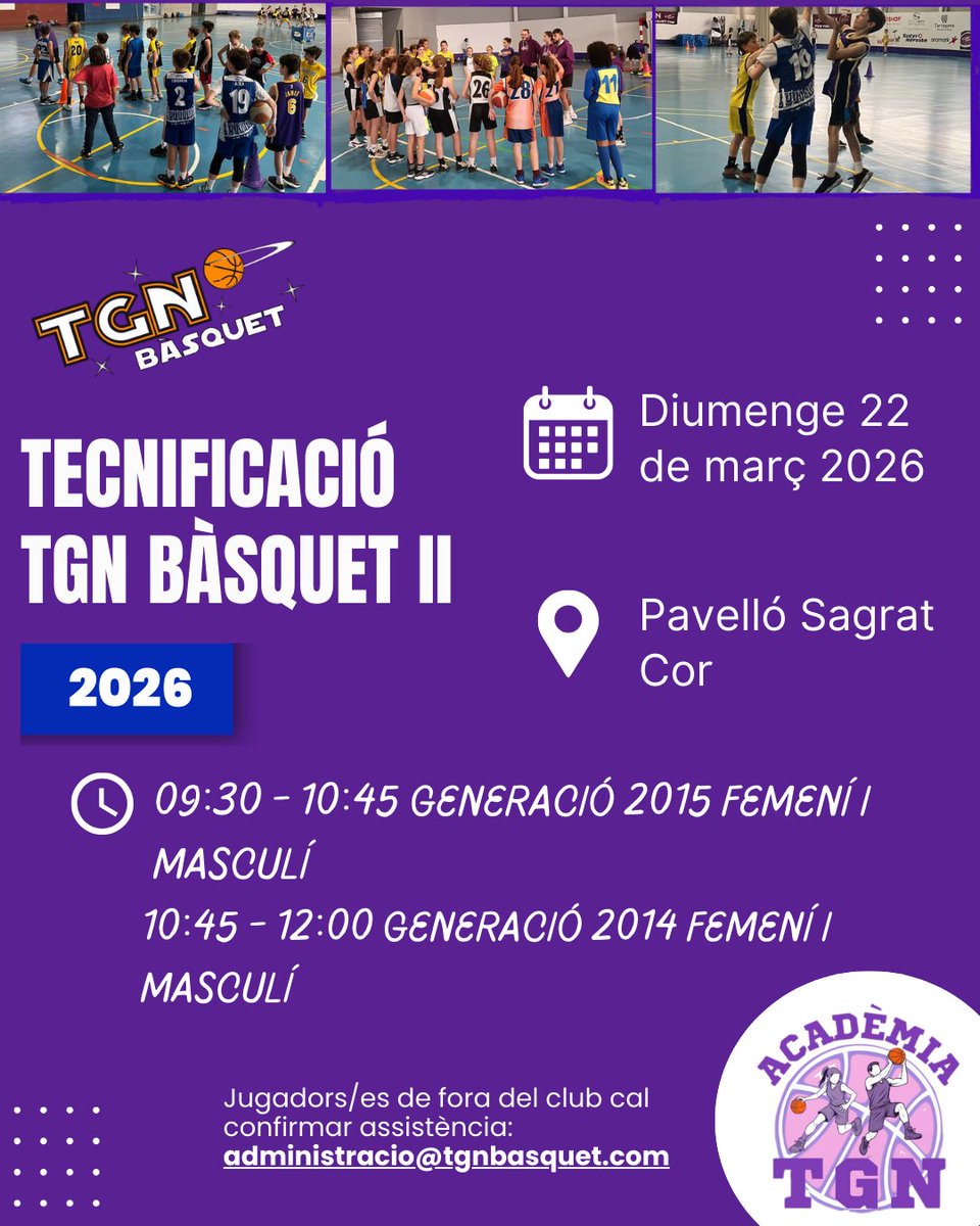 TGNBasquet's tweet photo. 💜🏀Segona jornada de tecnificació del @TGNBasquet per aquest diumenge 22 de març del 2026!

🕘 09:30-10:45h - Generació del 2015 Femení i Masculí.
🕙10:45h - 12h - Generació 2014 Femení i Masculí.
📍Sagrat Cor

📑 Apunta't a administracio@tgnbasquet.com.

#tgnbasquet #adntgn https://t.co/leJ4AQpcOD