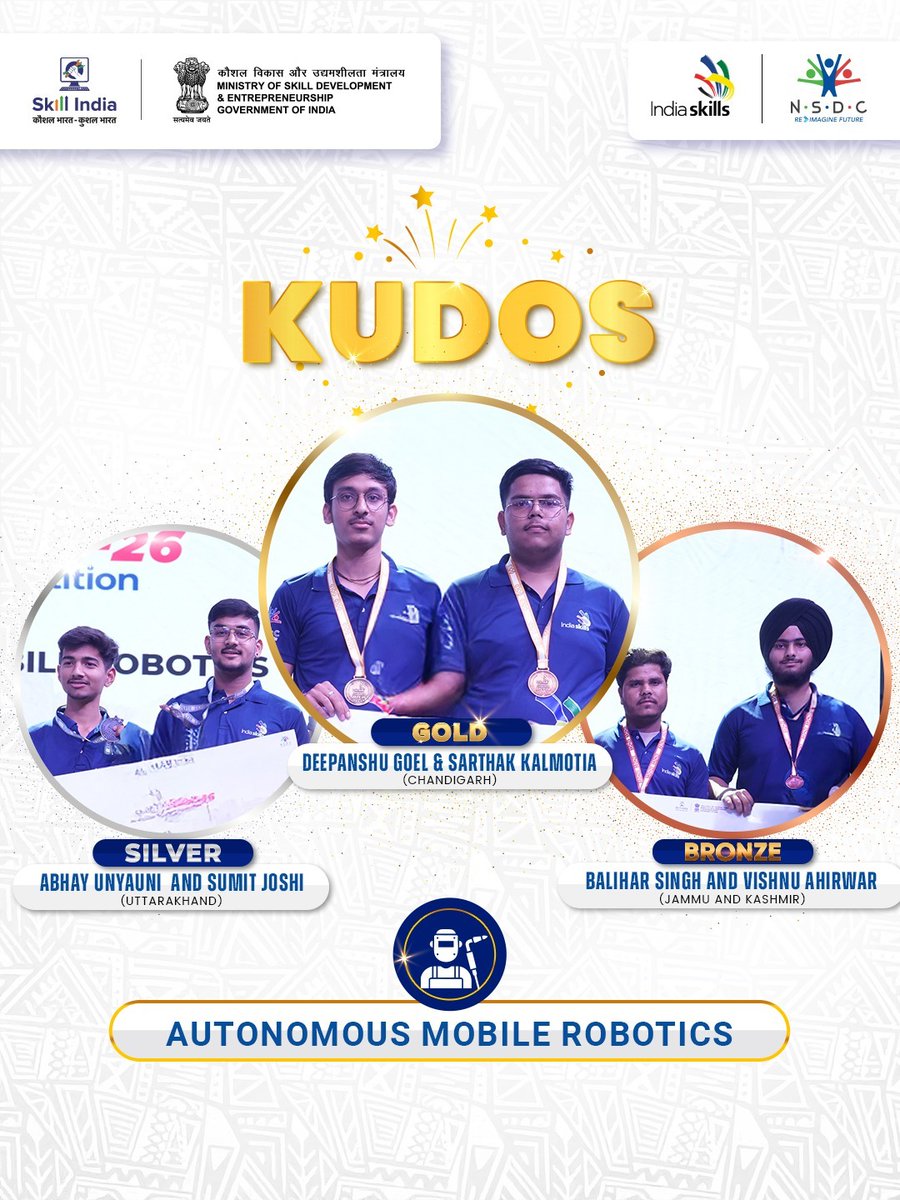 Bots in action, medals in hand! 
Deepanshu Goel / Sarthak Kalmotia from Chandigarh (Gold), Abhay Unyauni / Sumit Joshi from Uttarakhand (Silver), and Balihar Singh / Vishnu Ahirwar from Jammu and Kashmir (Bronze) claim medals in Autonomous Mobile Robotics at the Indiaskills