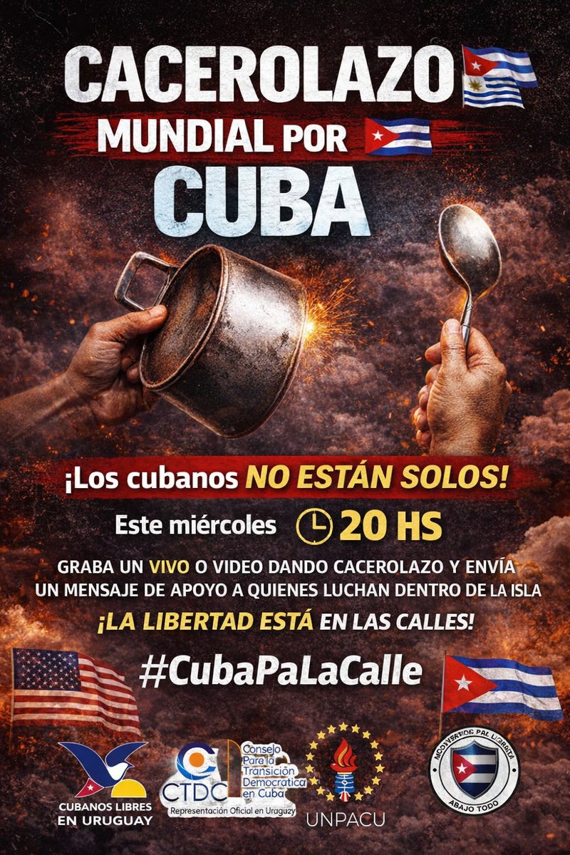 CanarioAmari3's tweet photo. Arriba gente graba un video tocando cazuela y pidiendo la libertad de Cuba y los mas de mil presos políticos 
Luego súbelo a las redes este miércoles a las 20hs. Si tienes miedo que la Dictadura te identifique cúbrete la cara y manda el video a una persona para que lo suba por ti https://t.co/Mb49AwW5of